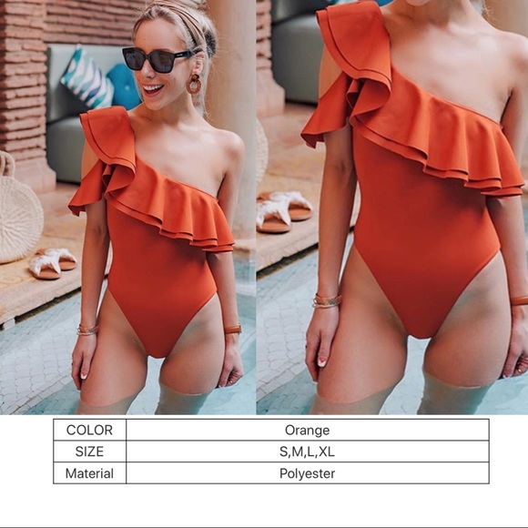 Orange One-shoulder Double-layer Ruffled Swimsuit - Picture 2 of 5